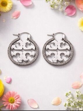 ❌SALE ❌PRICE❌DROP ❌Tori Burch Miller Pave Hoop /Silver Plated Earrings(C…